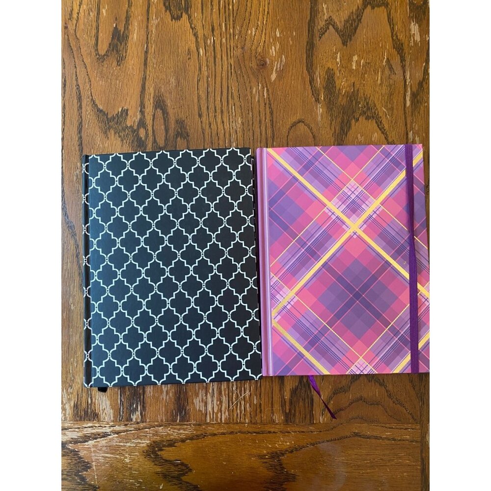 Set Of 2 Hardcover Lined Journals Pink Plaid & Black Geometric Design 8.5"x11"